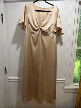 Champagne Beige Twist-Front Satin Midi Dress - Show Me Your Mumu Bridesmaid Dres